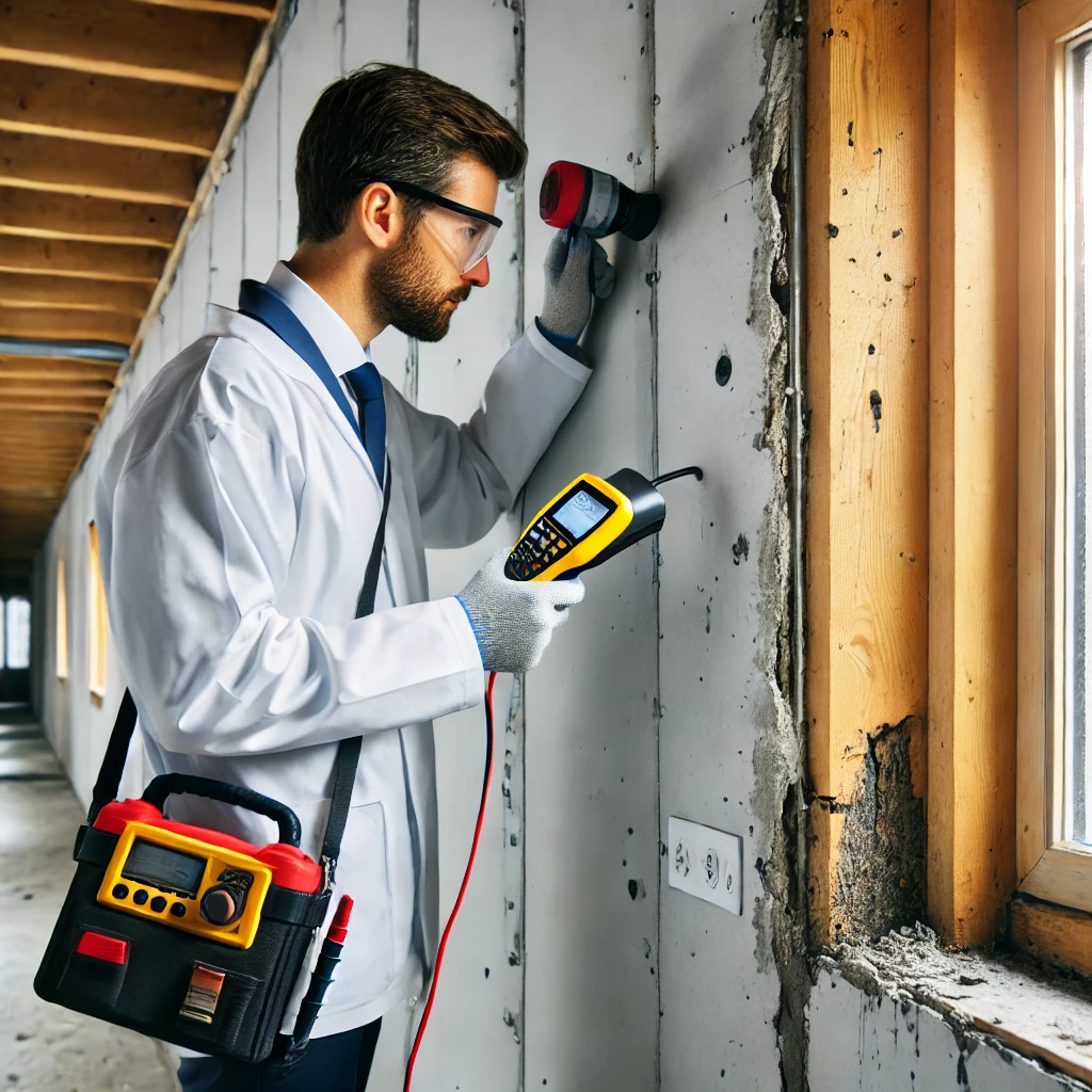 Building envelope consultant performing moisture intrusion analysis on a commercial wall