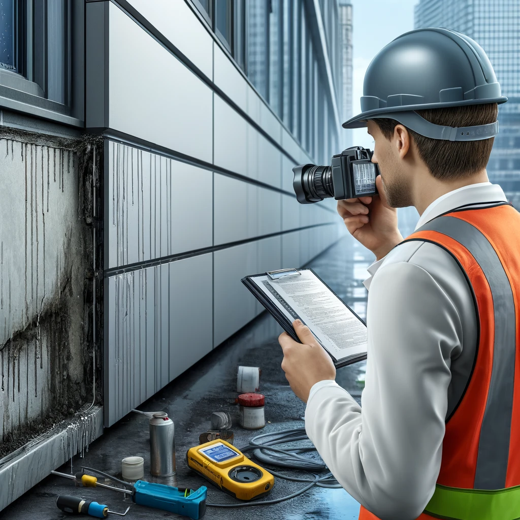 Forensic building enclosure investigator inspecting facade
