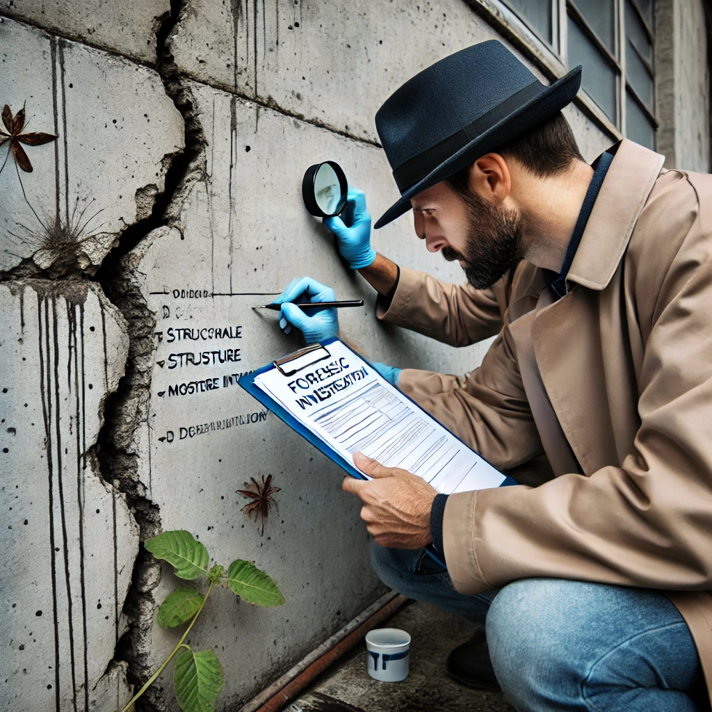 Forensic building investigator examining exterior wall damage for a commercial building
