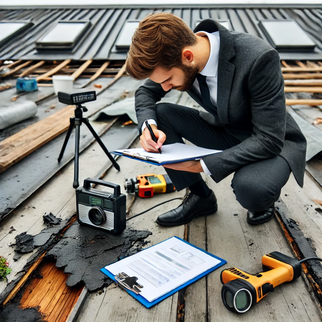 Forensic roof consultant conducting an investigation on a flat commercial roof