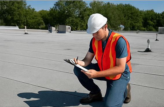 Flat roof inspection technician evaluating membrane condition on a commercial roof