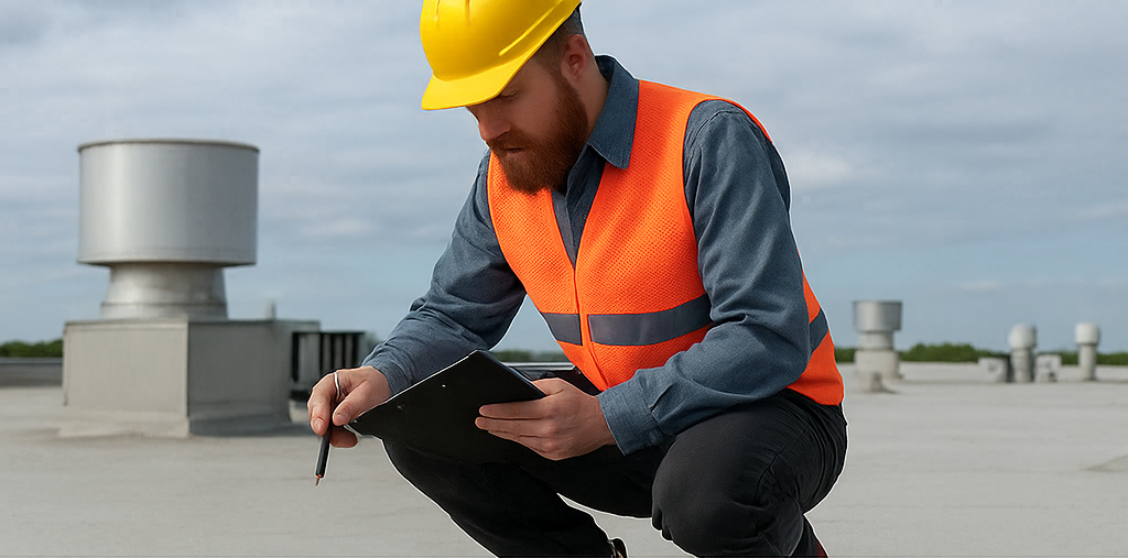 Commercial roof inspection on flat membrane roof with safety gear