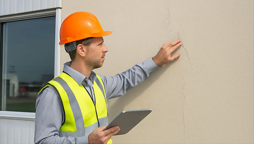 Technician performing building envelope evaluation on a commercial facade